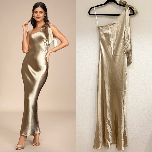 Lulus Dresses & Skirts - NWOT Lulus Lavish Looks Gold Satin‎ One-Shoulder Tie-Strap Maxi Dress